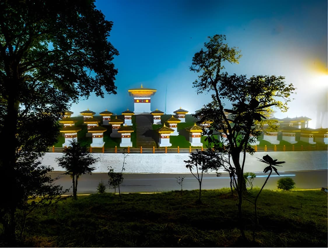 The 108 chortens of Dochula Pass glowing at dusk