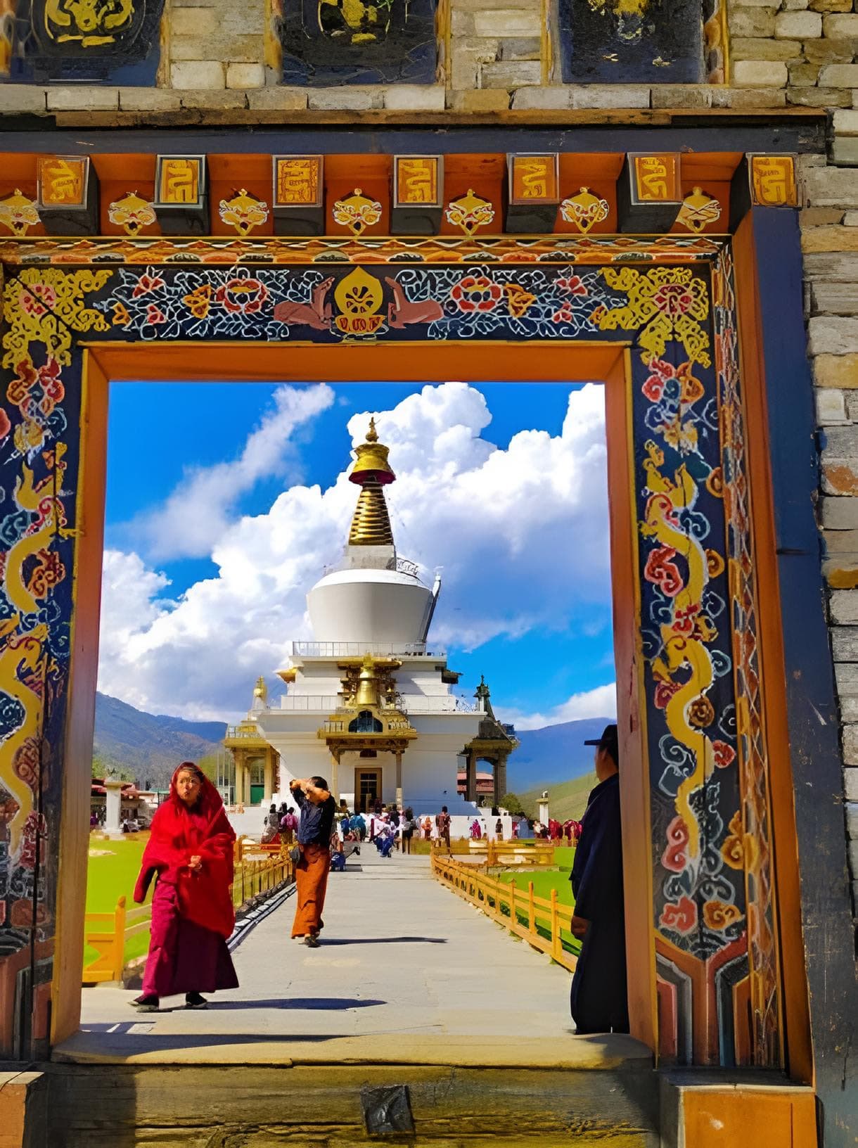 A chorten gateway on the Druk Path trail with prayer flags